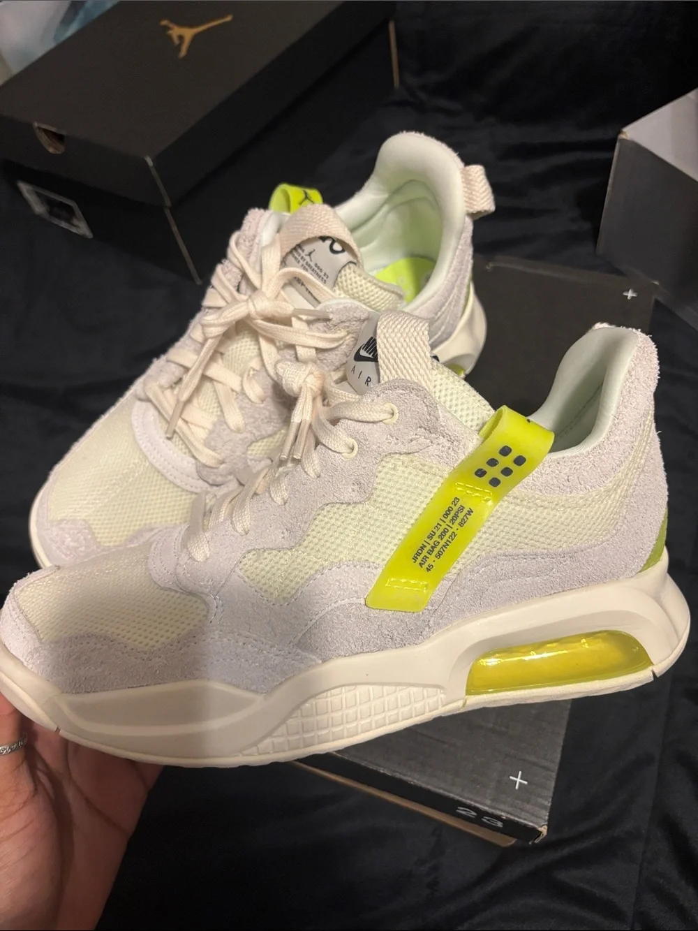 Jordan Neutral White and Lime Green Accent Sneakers